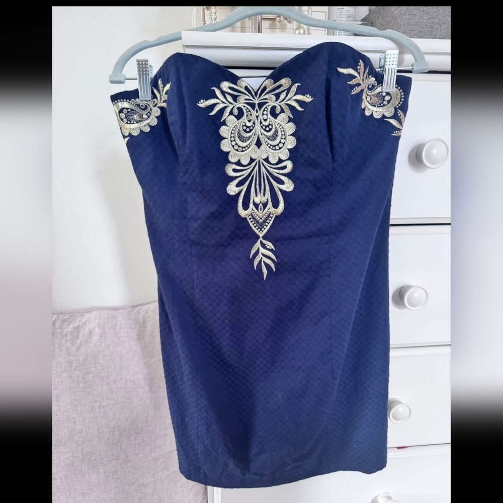 Lilly Pulitzer Demi Convertible Dress Navy with Gold Embroidery